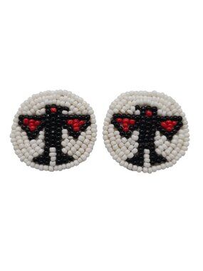 Beaded Thunderbird Stud Earrings White Leather Backing Tribal Design 1.5"